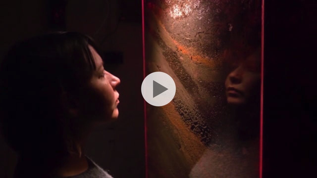 A video of the installationBy the Code of Soil: (de)Compositions, featuring two women in a room looking at a large glass cabinet with soil and worms inside