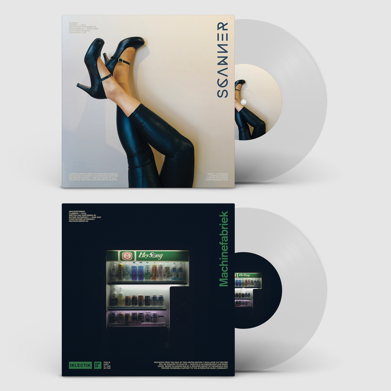 Two record sleeves, the first features the legs of a girl wearing high heel stiletto shoes and shiny leather leggings, whilst the second displays a drinks cabinet.