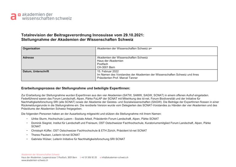 Stellungnahme Innosuisse  Totalrevision Beitragsverordnung